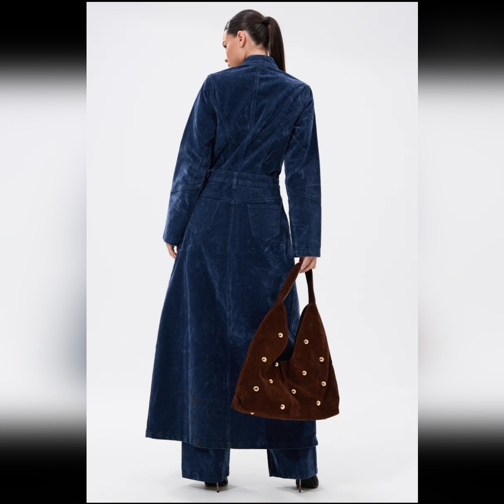 *Velvet Effect TRENCH and TROUSER SET in Blue - XL - Picture 2 of 5